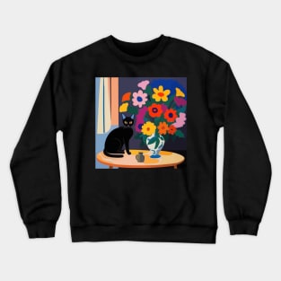 Black Cat with Colorful Flowers in a Vase Still Life Painting Crewneck Sweatshirt